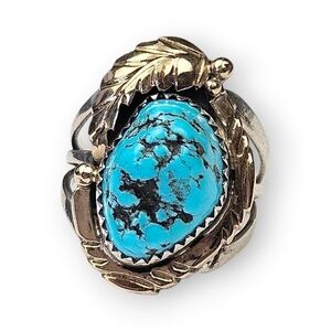 Navajo Feather Turquoise 14K Sterling Ring Split Shank 925 Native Vintage 6.75